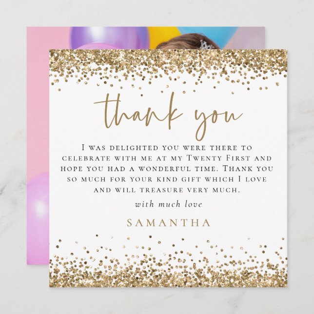 Gold Glitter Photo 21st Square Thank You Card (Front/Back)