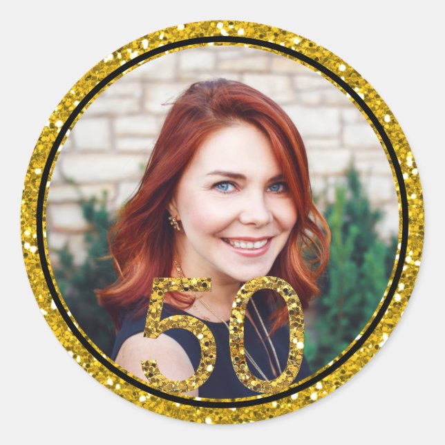 Gold Glitter Photo 50th Birthday Party Favours Classic Round Sticker (Front)