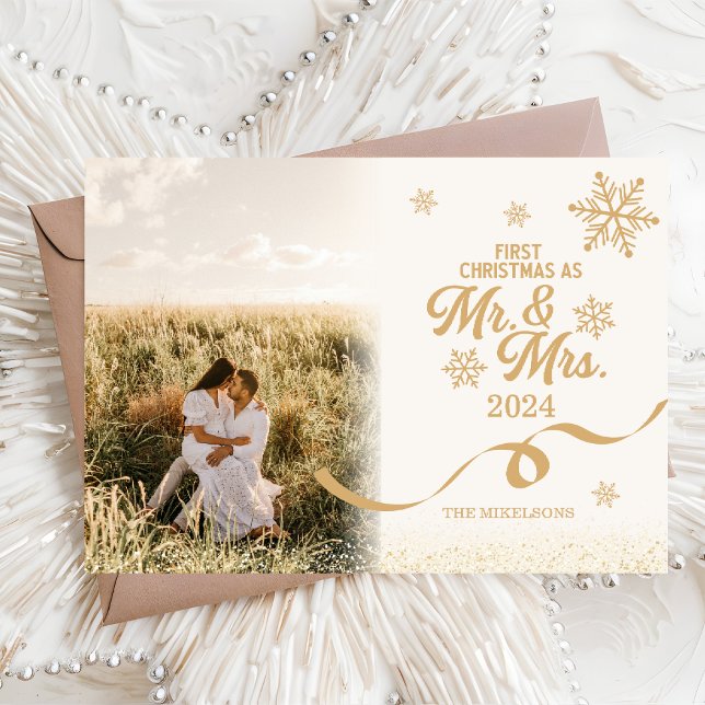 Gold Glitter Photo First Christmas as Mr and Mrs Holiday Card (Creator Uploaded)