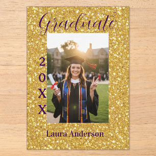 Gold glitter photo graduation add name class text acrylic invitations