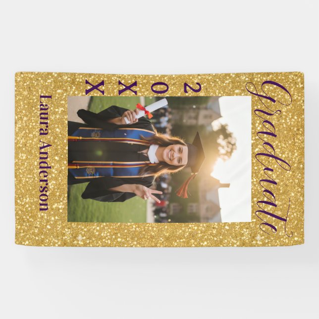 Gold glitter photo graduation add name class text banner (Horizontal)
