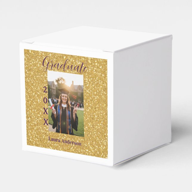 Gold glitter photo graduation add name class text favor box (Front Side)