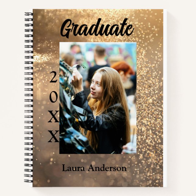 Gold glitter photo graduation add name class text notebook (Front)