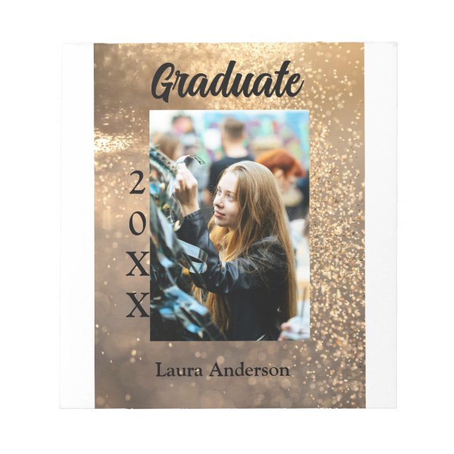 Gold glitter photo graduation add name class text notepad (Front)