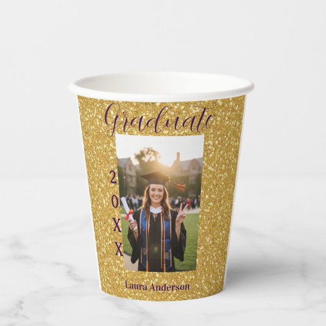 Gold glitter photo graduation add name class text paper cups (Front)