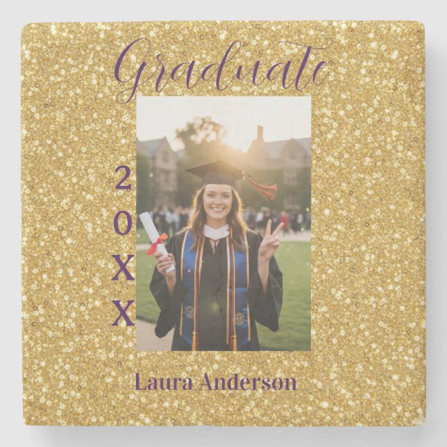 Gold glitter photo graduation add name class text stone coaster (Front)