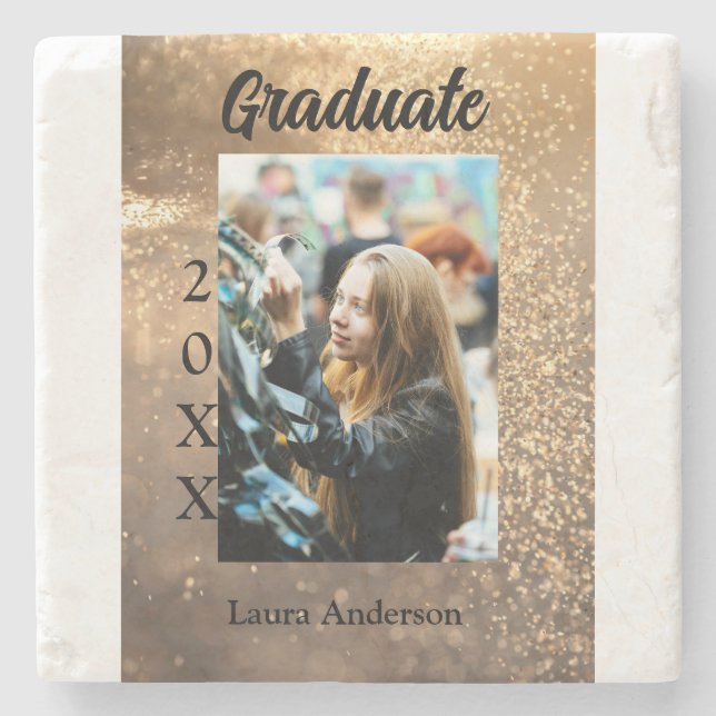 Gold glitter photo graduation add name class text stone coaster (Front)