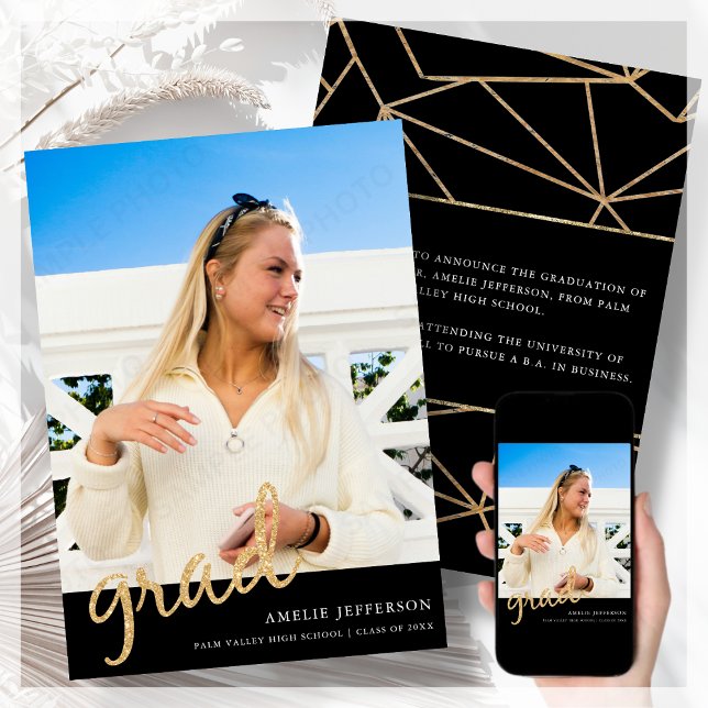 Gold Glitter Photo Graduation Announcement Card (Creator Uploaded)