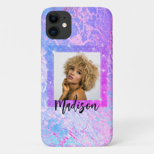 Gold Glitter Photo Name Stylish Purple Marble iPhone 11 Case