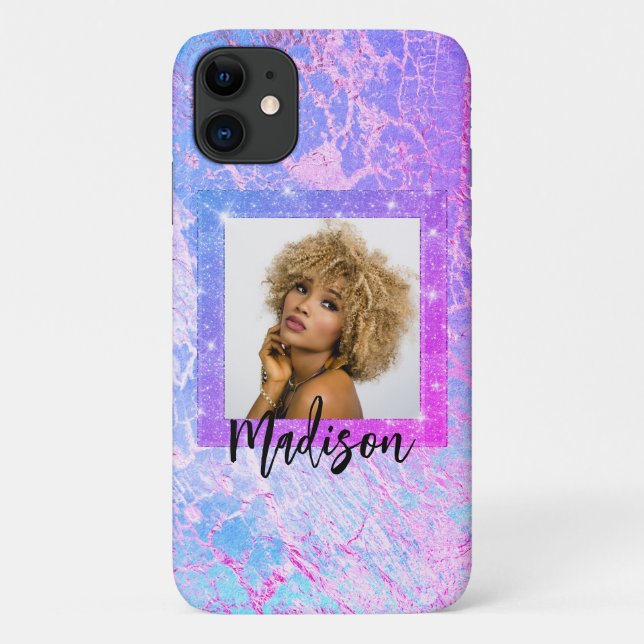 Gold Glitter Photo Name Stylish Purple Marble Case-Mate iPhone Case (Back)
