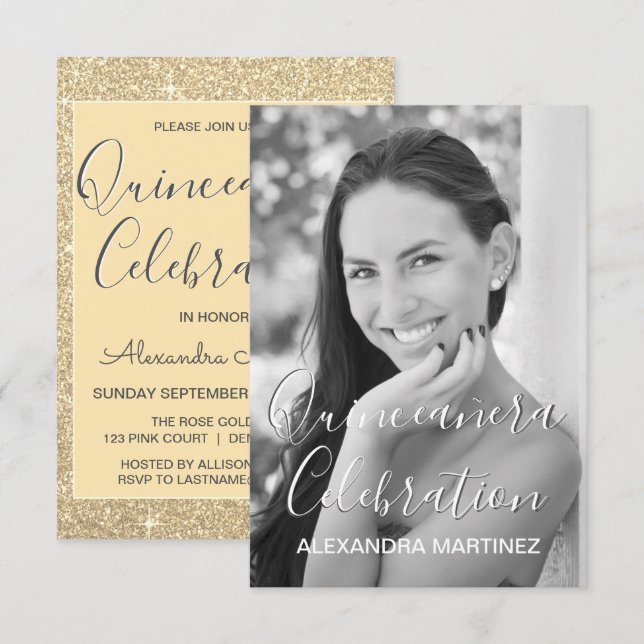 Gold Glitter Photo - Quinceanera Celebration Invitation (Front/Back)