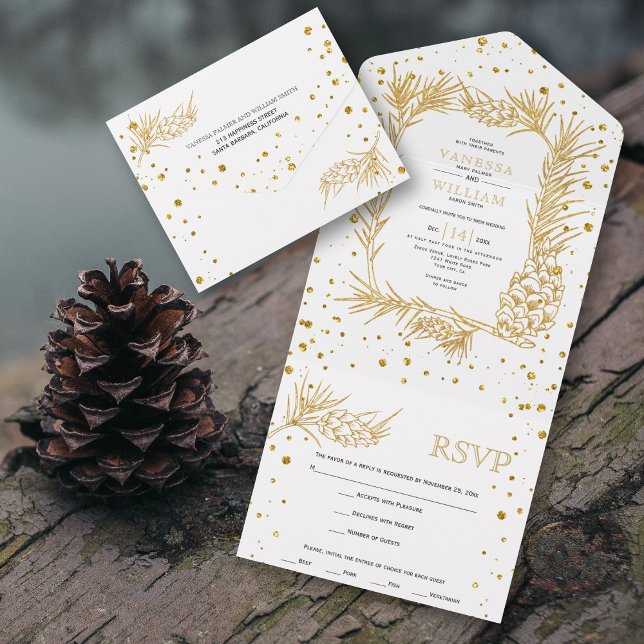 Gold glitter pine and confetti winter wedding all in one invitation (Creator Uploaded)