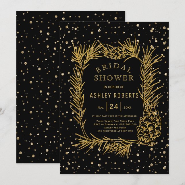 Gold glitter pine black winter bridal shower invitation (Front/Back)