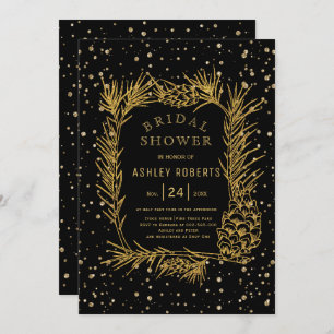 Gold glitter pine black winter bridal shower invitation