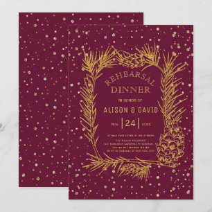 Gold glitter pine burgundy winter rehearsal dinner invitation