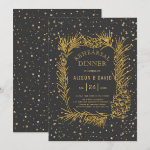 Gold glitter pine charcoal grey rehearsal dinner invitation