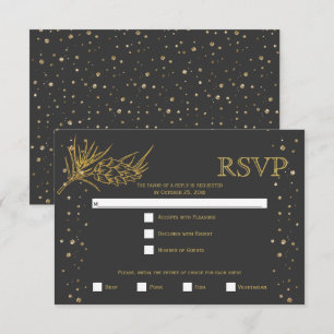 Gold glitter pine, charcoal grey winter wedding RSVP card