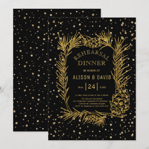 Gold glitter pine confetti black rehearsal dinner invitation