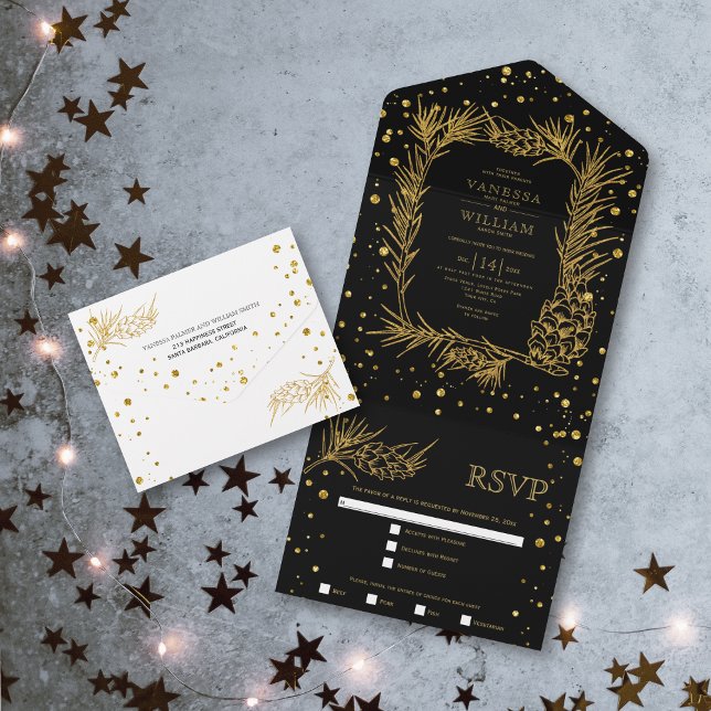 Gold glitter pine, confetti black wedding  all in one invitation (Creator Uploaded)