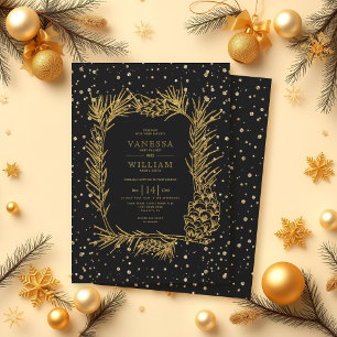 Gold glitter pine, confetti black winter wedding invitation