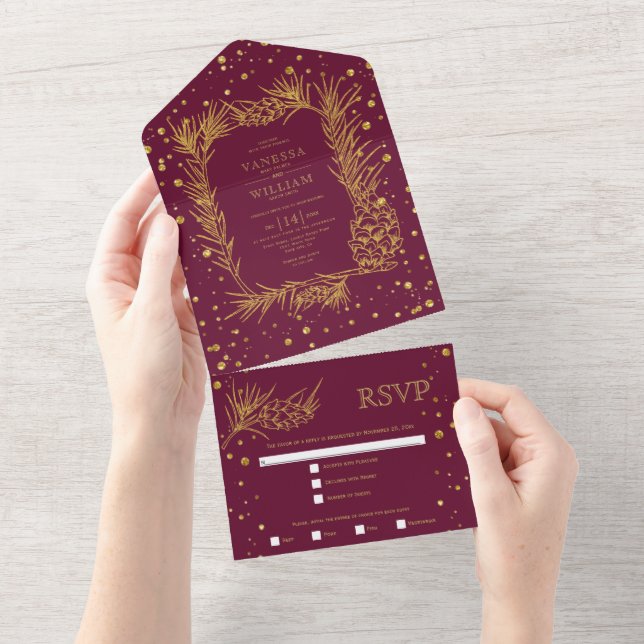 Gold glitter pine, confetti  burgundy wedding  all in one invitation (Tearaway)