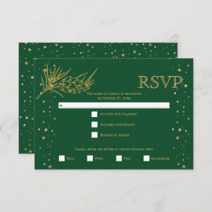 Gold glitter pine, confetti green winter wedding RSVP card