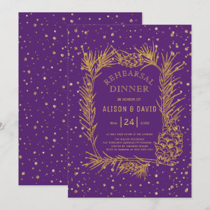 Gold glitter pine confetti purple rehearsal dinner invitation