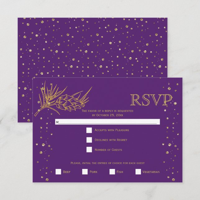 Gold glitter pine confetti purple winter wedding RSVP card (Front/Back)