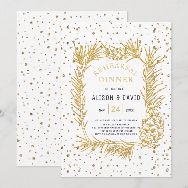 Gold glitter pine confetti winter rehearsal dinner invitation (Front/Back)