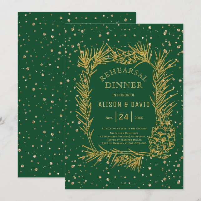 Gold glitter pine emerald green rehearsal dinner invitation (Front/Back)