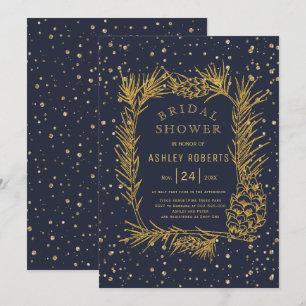 Gold glitter pine midnight blue bridal shower invitation