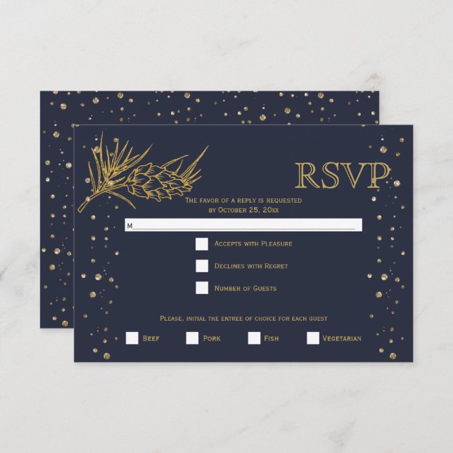 Gold glitter pine, midnight blue winter wedding RSVP card (Front/Back)