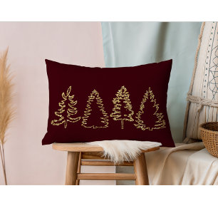 Gold Glitter Pine Trees, Burgundy, Lumbar Pillow