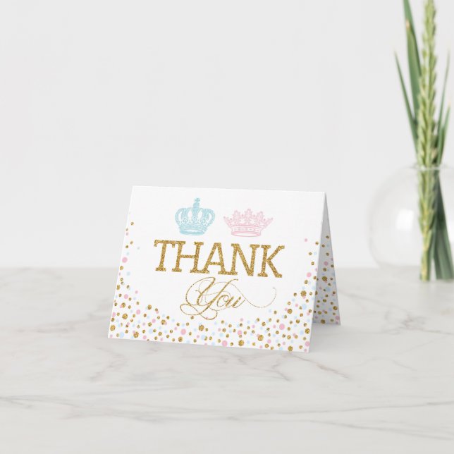 Gold Glitter Pink Blue Royal Twins Thank You Card (Front)