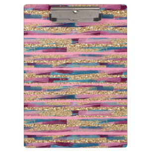 Gold Glitter, Pink & Blue Striped Clipboard