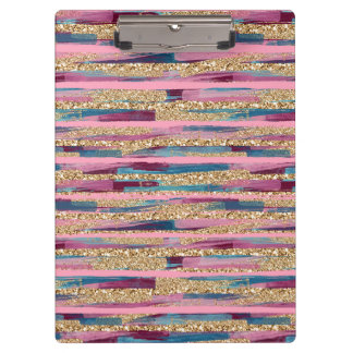 Gold Glitter, Pink & Blue Striped Clipboard