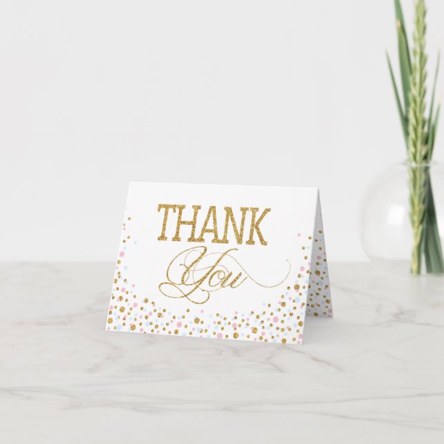 Gold Glitter Pink Blue Twins Thank You Card (Front)