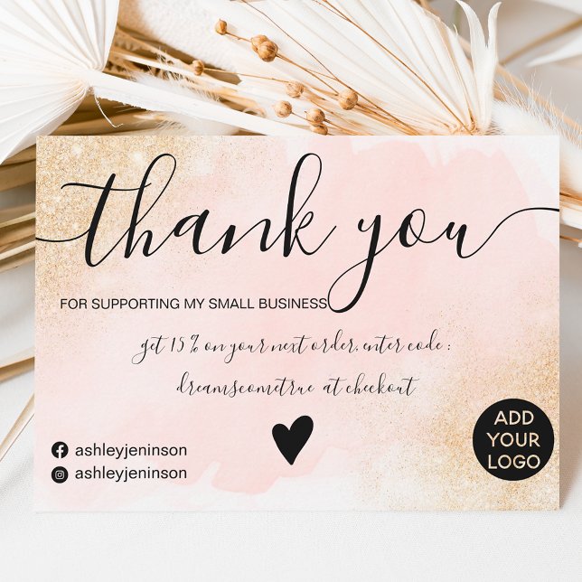 Gold glitter pink brushstroke order thank you card (Creator Uploaded)