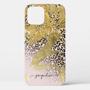 Gold Glitter Pink Chic Leopard Print Script Name iPhone 12 Case