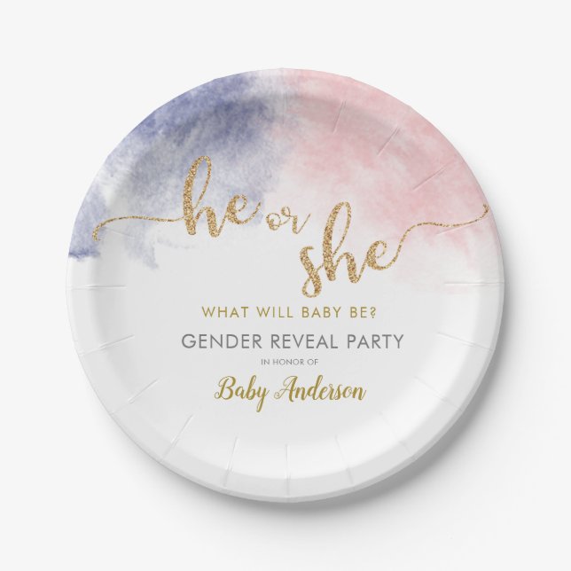 Gold Glitter Pink & Dark Blue Gender Reveal Paper Plate (Front)