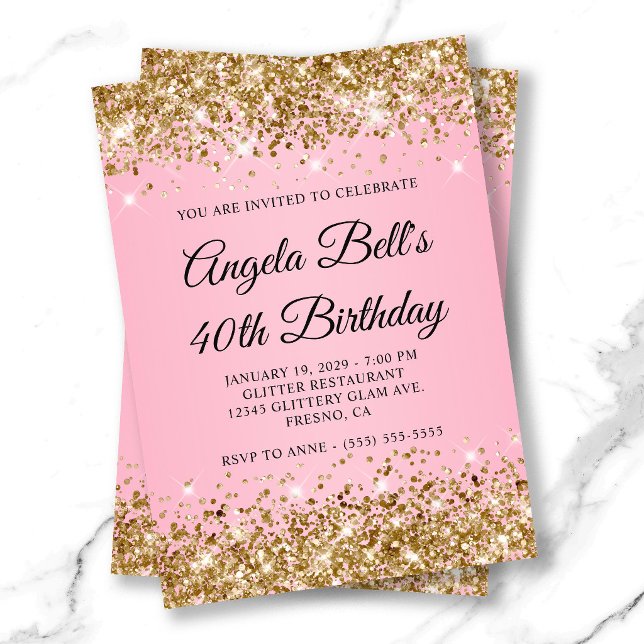 Gold Glitter Pink Fancy Monogram 40th Birthday Invitation (Gold Glitter Pink Fancy Monogram 40th Birthday Invitation)