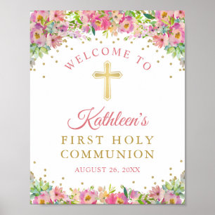Gold Glitter Pink Floral First Holy Communion Poster
