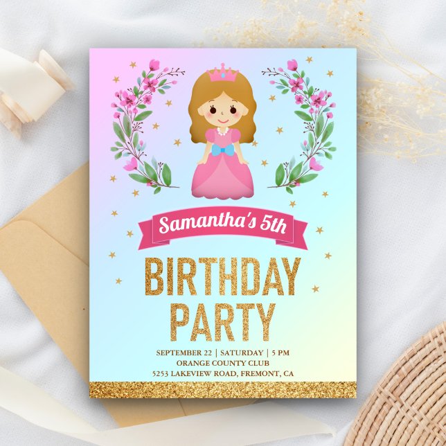 Gold Glitter Pink Floral Princess Birthday Party Invitation Postcard (Creator Uploaded)