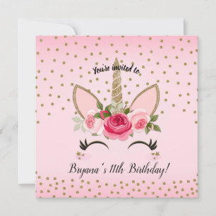 Gold Glitter & Pink Floral Unicorn Birthday Party Invitation