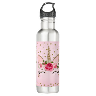 Gold Glitter & Pink Floral Unicorn Trendy 710 Ml Water Bottle