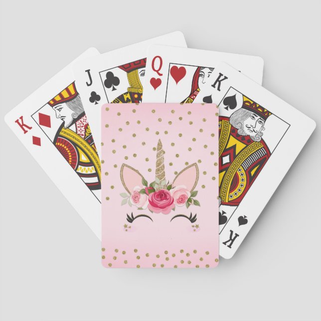 Gold Glitter & Pink Floral Unicorn Trendy Cute Playing Cards (Back)