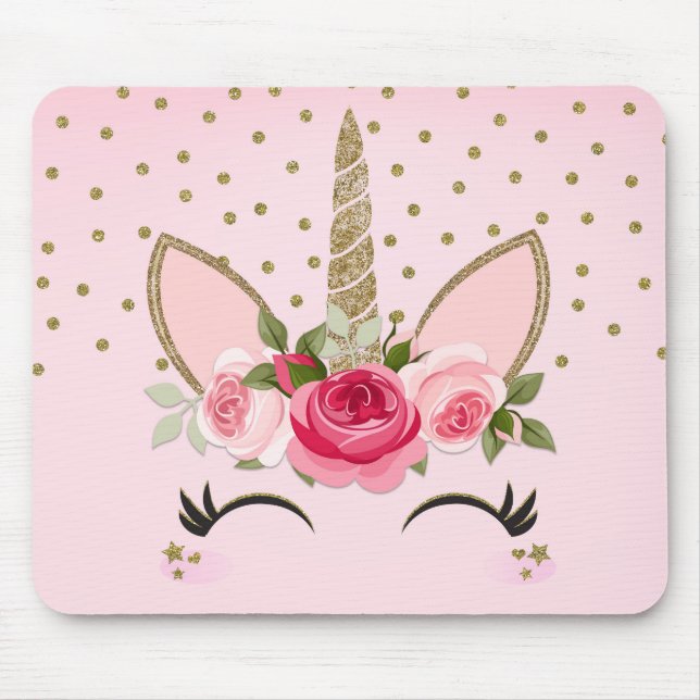 Gold Glitter & Pink Floral Unicorn Trendy Mouse Pad (Front)