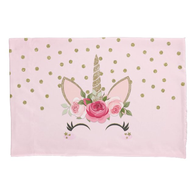 Gold Glitter & Pink Floral Unicorn Trendy Pillowcase (Front)