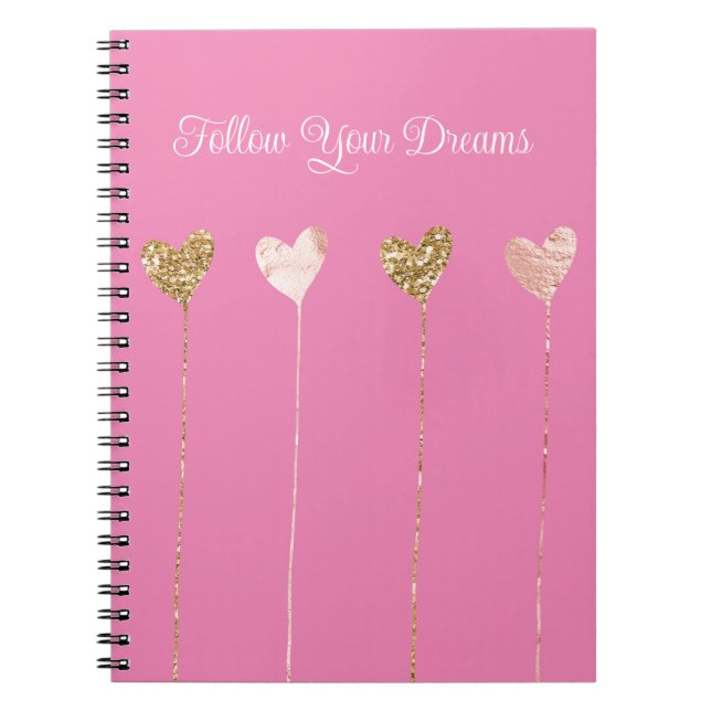 Gold Glitter Pink Glam Hearts Strings Notebook (Front)