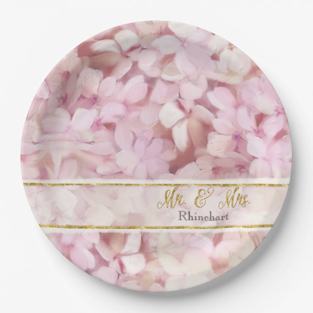 Gold Glitter Pink Hydrangea Flowers Mr. and Mrs. Paper Plate (Front)